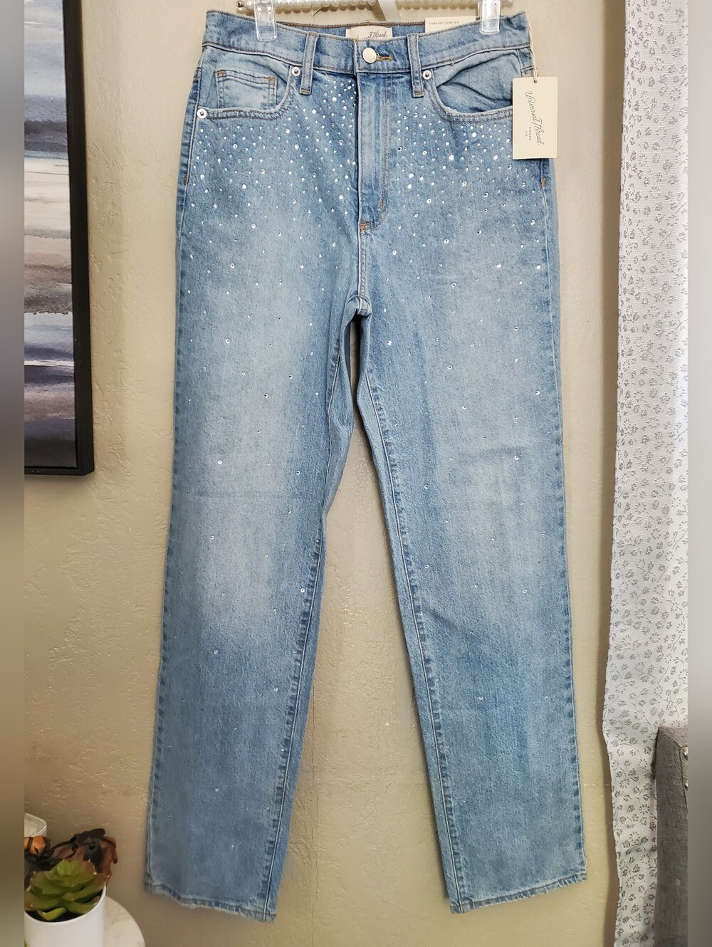 Universal Thread Light Blue Straight-Leg Jeans with Rhinestone Detail